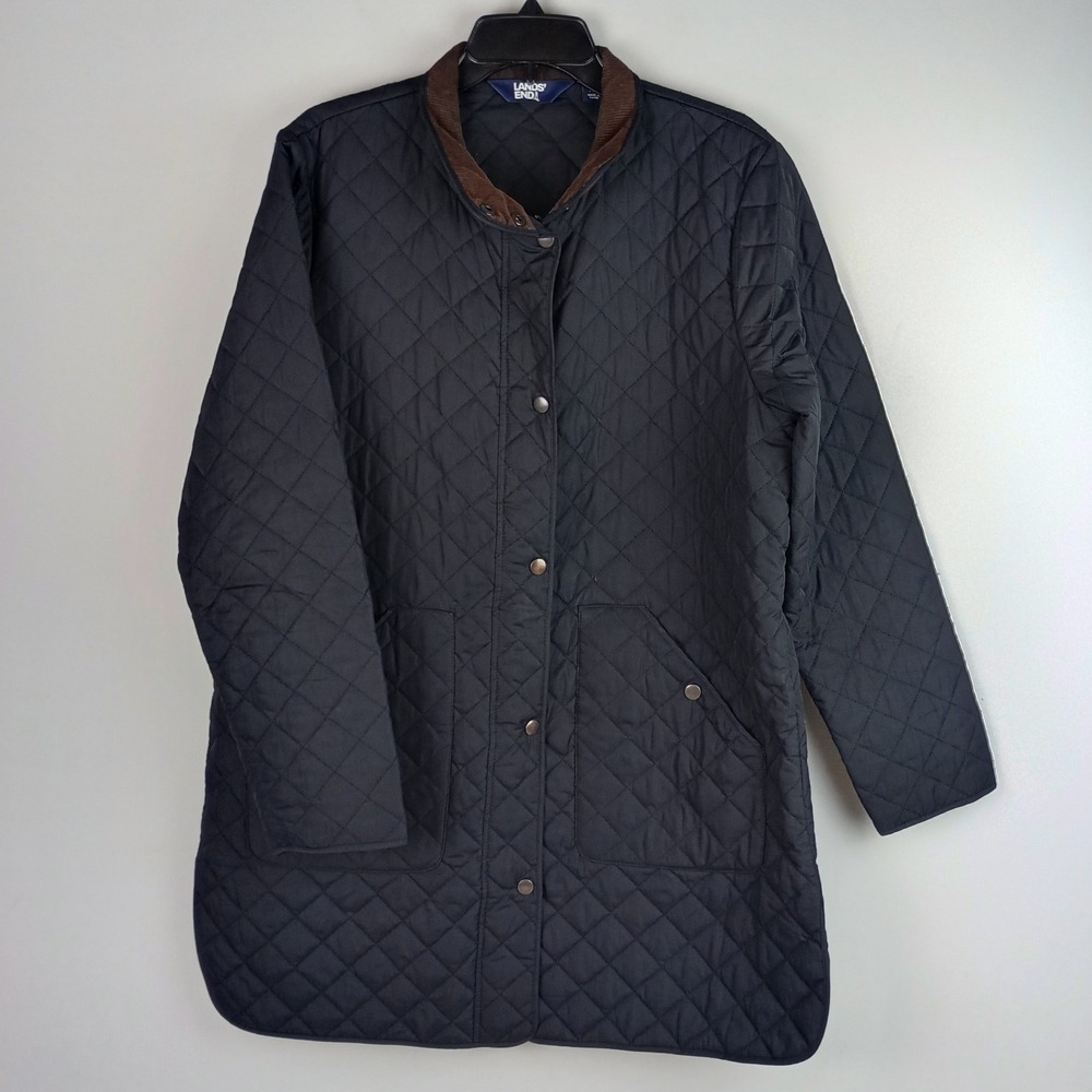 Lands End Womens L Black Quilted Corduroy Trim PrimaLoft Barn Field Jacket Coat